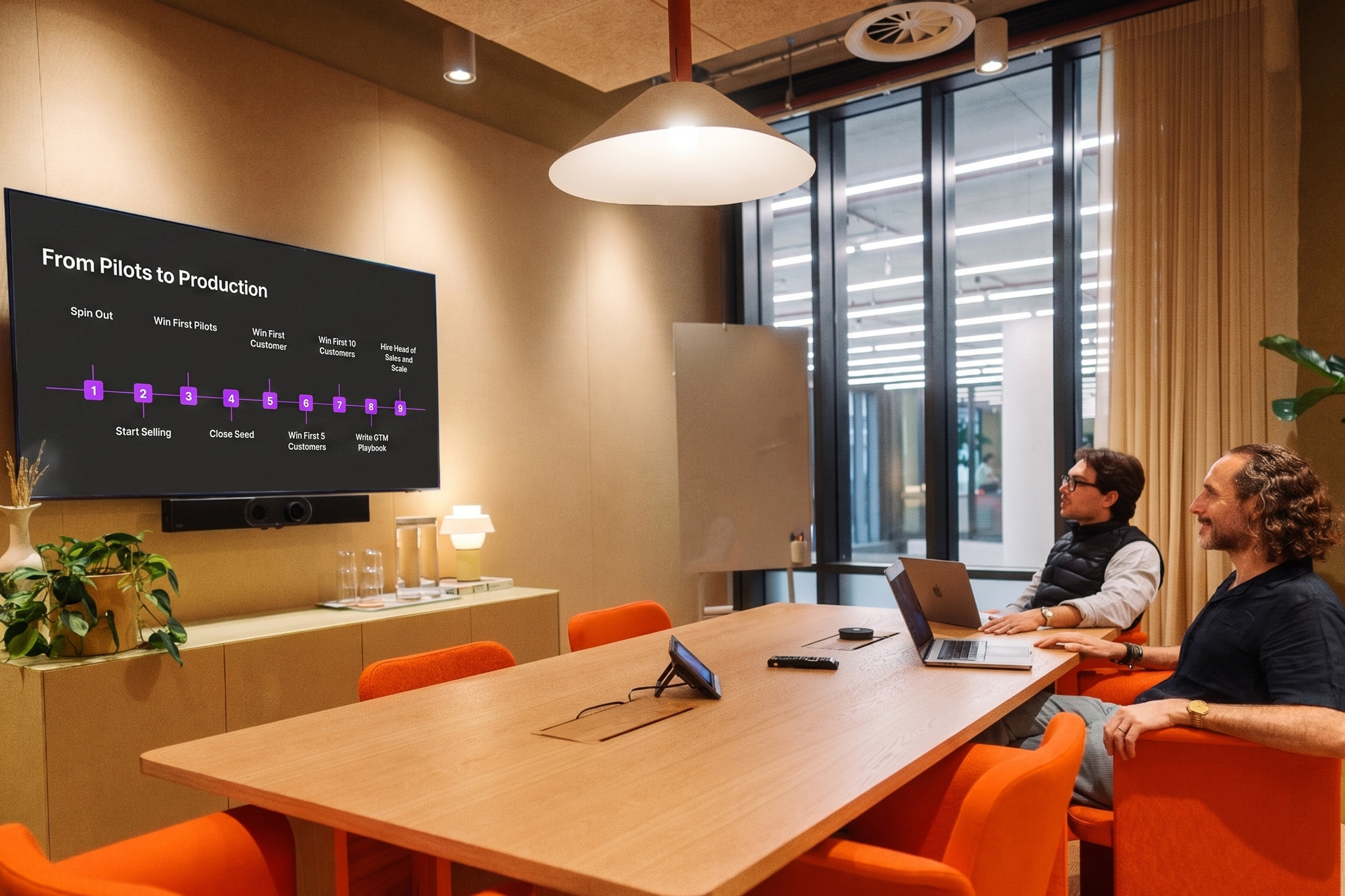 Two founders reviewing the deep tech sales journey from first pilots to production scale