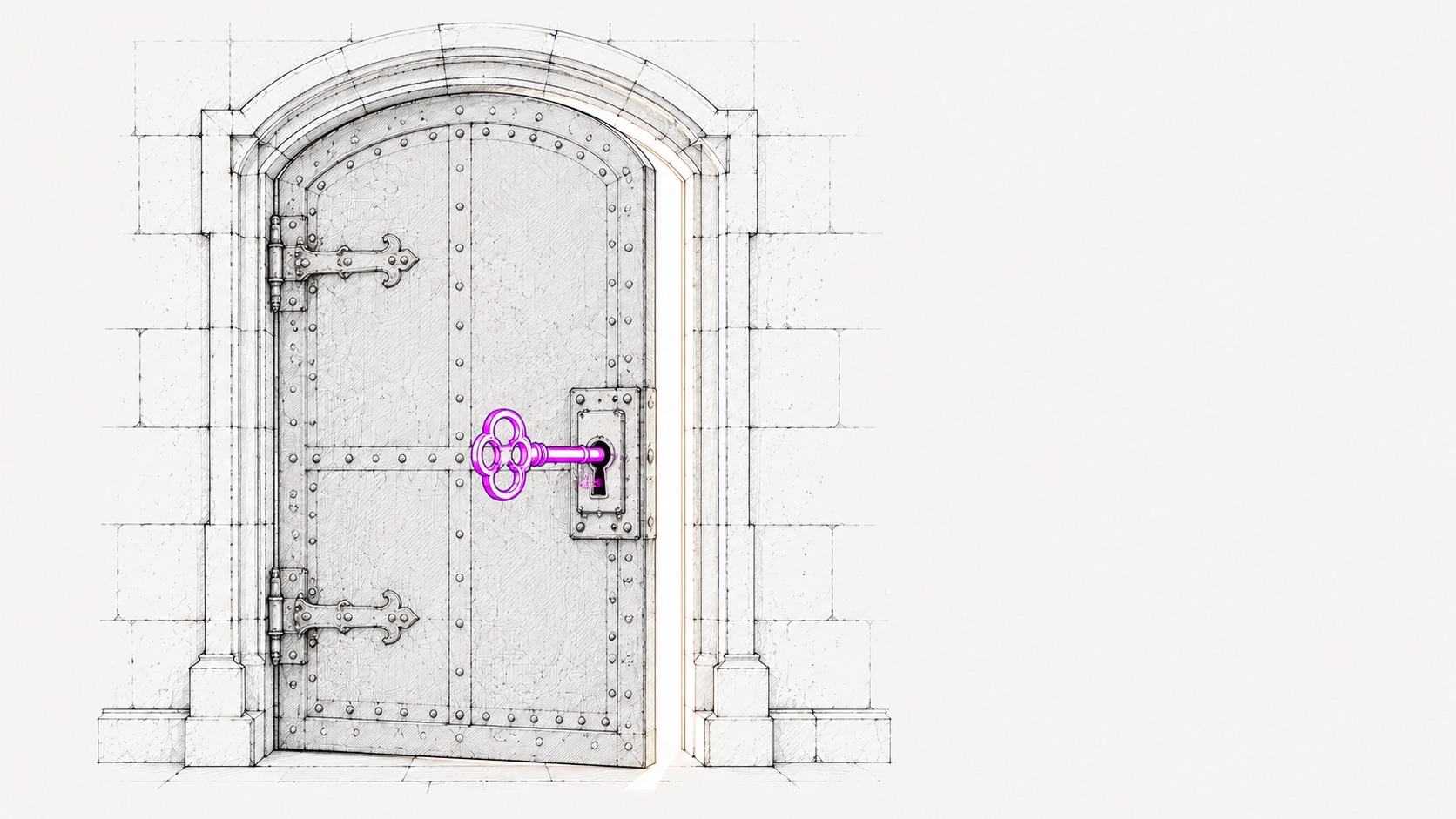 Illustration of a hand turning a key in a door lock, symbolising the moment a buyer unlocks progress by switching to a new solution.